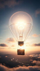 An innovative idea carrying a briefcase soars through a majestic sky above a winding river at sunset