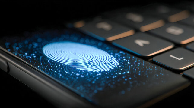 Digital fingerprint illuminated on a smartphone screen placed beside a computer keyboard symbolizing advanced biometric security and modern technology concepts - Powered by Adobe