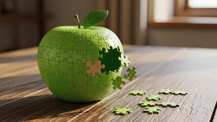 A green puzzle apple with missing pieces sits on a textured wooden table