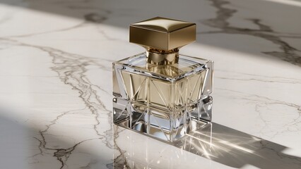 Luxurious perfume bottle on marble surface with golden cap
