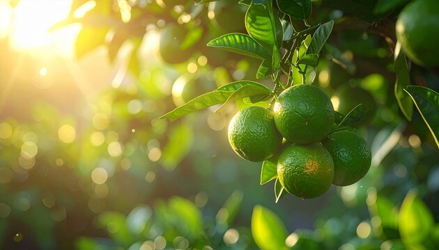 Fresh Green Oranges Hanging on Tree Branch, Tropical Citrus Fruit