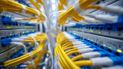 Network switch infrastructure with organized yellow fiber optic cables connecting to multiple blue ports in a data center for high-speed internet communication and data t