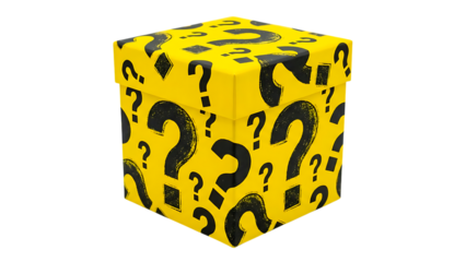 A yellow box adorned with question marks, suggesting a surprise, mystery, or gift
