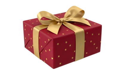 Beautifully wrapped red gift box with golden ribbon and star pattern, perfect for celebrations and special occasions