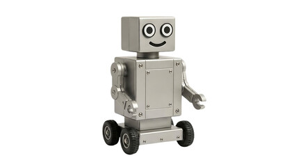 A cute, retro-style silver robot with wheels and expressive eyes, standing against a white background, symbolizing technology and futuristic play