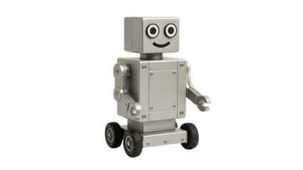 A cute, retro-style silver robot with wheels and expressive eyes, standing against a white background, symbolizing technology and futuristic play