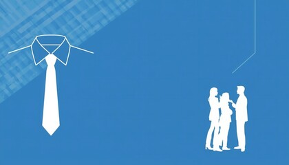 A minimalist graphic design featuring a white collared shirt and tie on a blue background with silhouettes of business people