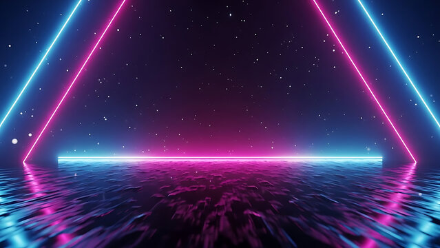 Retro futuristic neon triangle frames on dark reflective surface with starry sky background - Powered by Adobe