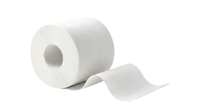 A clean white roll of toilet paper with a single sheet unrolled on a white background