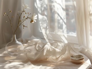 Sheer curtain and glass objects by window