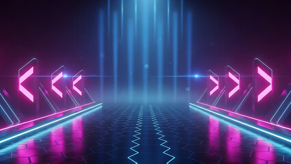 Futuristic Cyberpunk Corridor with Neon Pink Arrow Signs and Blue Vertical Light Beams