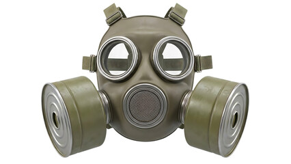 A vintage green military gas mask with two large eye lenses and dual side filters, isolated on a white background