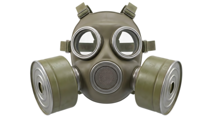 A vintage green military gas mask with two large eye lenses and dual side filters, isolated on a white background