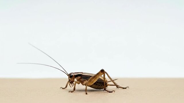 Close up of a cricket insect on a neutral background.