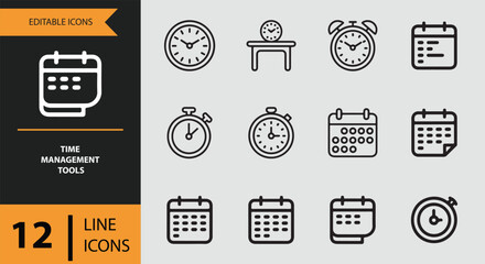 Collection of line icons for time management tools including clocks, stopwatches, and calendars