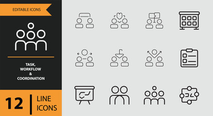 Business task, workflow and coordination editable line icons collection