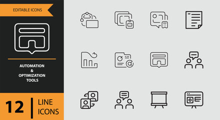 Line icons for automation and optimization tools: business process and data analysis vector collection