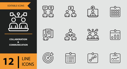 A comprehensive set of editable line icons illustrating collaboration and communication concepts
