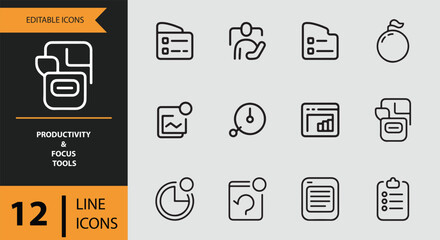 Productivity and focus tools line icons for enhanced workflow and task management