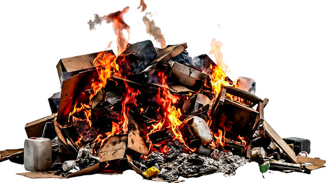 Pile of trash and cardboard burning with intense flames and smoke on a white background, depicting waste incineration or a controlled fire