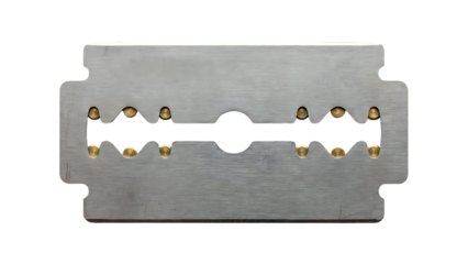 Sharp steel blade with double-edged design and brass fastening holes for grooming or shaving applications