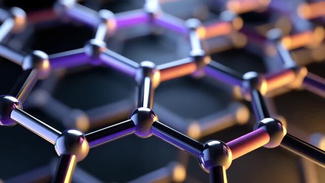 Shiny hexagonal lattice of graphene carbon molecular structure and metallic atom connections reflective purple and blue 3d futuristic nanotechnology science structure evoking innovation and high tech