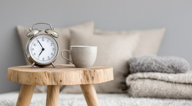 Vintage alarm clock and coffee cup on natural wood side table in cozy bedroom