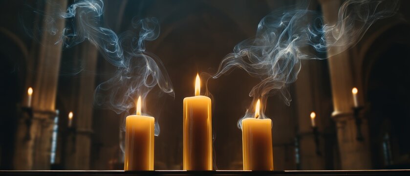 Burning candles in church interior