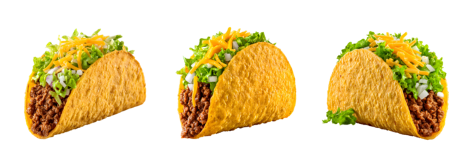 Delicious Mexican taco with seasoned ground beef and fresh salad PNG set with transparent background