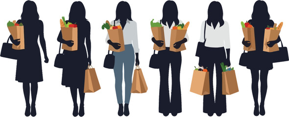 Six women walking with grocery bags in silhouette on transparent background