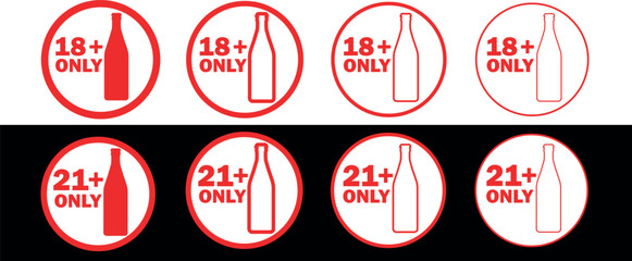 Flat style icon set, alcohol age restriction sign, beer bottle symbol, 18+ only, 21+ only text. Red warning circle, minimalist alcohol icons, vector graphics collection