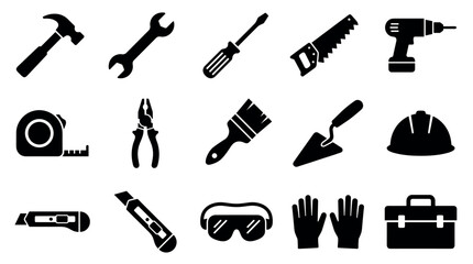 Obraz premium Set of black construction tool icons including a hammer, wrench, screwdriver, saw, and drill for repair and building projects, presented as a simple graphic collection