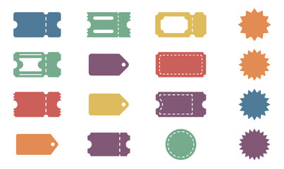 Colorful collection of blank tickets, tags, and labels in various shapes and muted tones, showcasing a flat graphic design style for coupons, stickers, and price tags