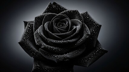 black rose, close up with velvety petals and dew drops glistening in dramatic low key studio lighting
