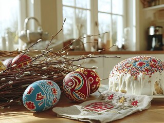 Easter table with cake and eggs