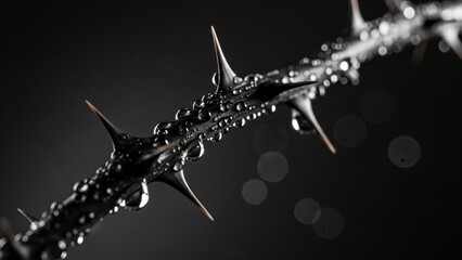 thorned black rose stem with crystal water droplets and soft bokeh on deep charcoal black background