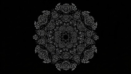 mandala of black roses with subtle metallic sheen on deep black canvas background