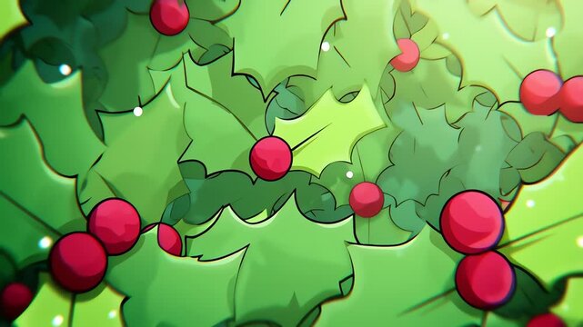 Festive holly leaves and berries in vibrant cartoon style
