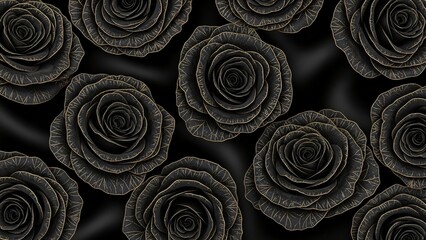 Elegant pattern of black roses with metallic gold veins arranged on deep satin black backdrop