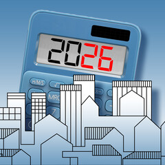 2026 REAL ESTATE PLANNING BANNER CONCEPT WITH COPYSPACE- Business ideas in building activity and construction industry - New financial year and Budget 2026 concept with calculator and copyspace