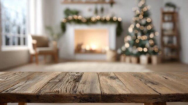 Cozy rustic wooden tabletop foreground living room with fireplace and decorated Christmas tree, warm lighting, bokeh lights, holiday decor, cozy interior, festive atmosphere, rustic wood