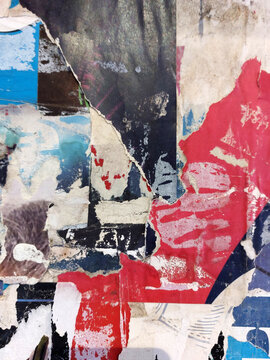 Torn and ripped street poster background, old and grungy paper, artistic collage