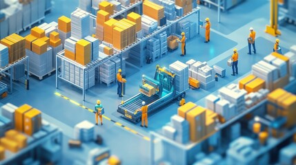 Obraz premium Automated warehouse with workers managing inventory and logistics using robots.