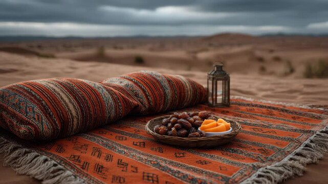 Desert picnic with patterned rug and cushions, woven basket of dates and sliced apricot beside handwoven orange rug and patterned cushions sand dune with brass lantern and metal lantern creating warm