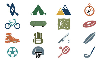Collection of colorful flat vector icons representing various outdoor activities and sports like hiking, camping, kayaking, cycling, and basketball in a simple minimalist style