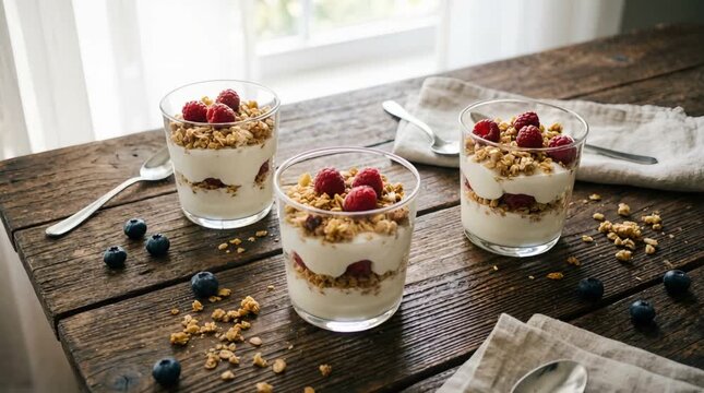 Three Yogurt Parfaits with Raspberries and Blueberries on Rustic Wooden Table with Linen Napkins under Bright Window Light