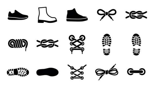 Set of black shoe and footwear icons showing sneakers, boots, shoelaces, knots, bows, and sole prints in a simple minimalist glyph style for graphic design elements