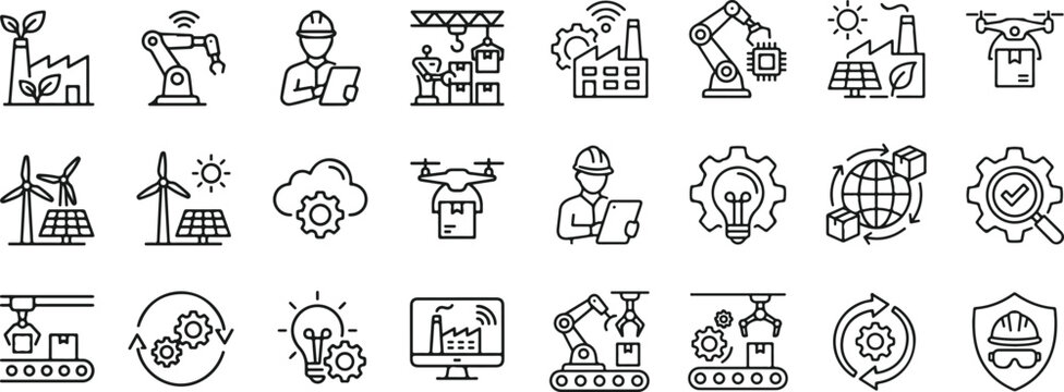 Industrial icons set with line drawings of robotic arms solar panels wind turbines factory workers drones gears light bulbs and other technology and manufacturing related symbols  industrial icons