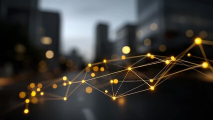 Gold network nodes glowing over blurred city skyline dusk creating dynamic connection and energy with golden node connection, bokeh street lights and connected lines forming futuristic technology - Powered by Adobe