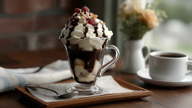  Delicious ice cream sundae topped with whipped cream chocolate syrup 